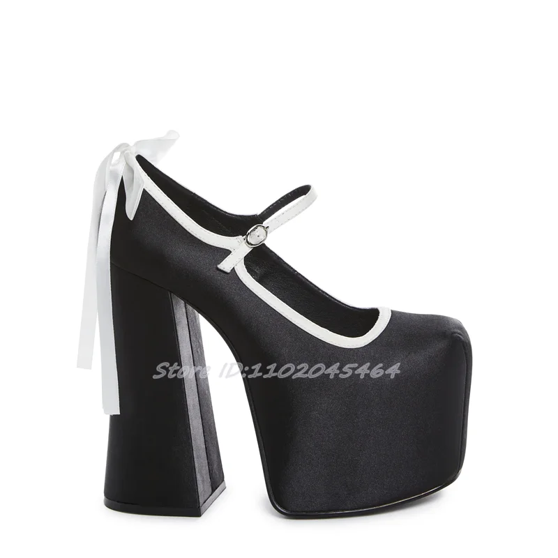 Women's Black Satin Bow Platform Pumps Chunky Heel Round Toe Cute Ankle Strap Mary Jane Shoes Big Size Luxury Designer Heels