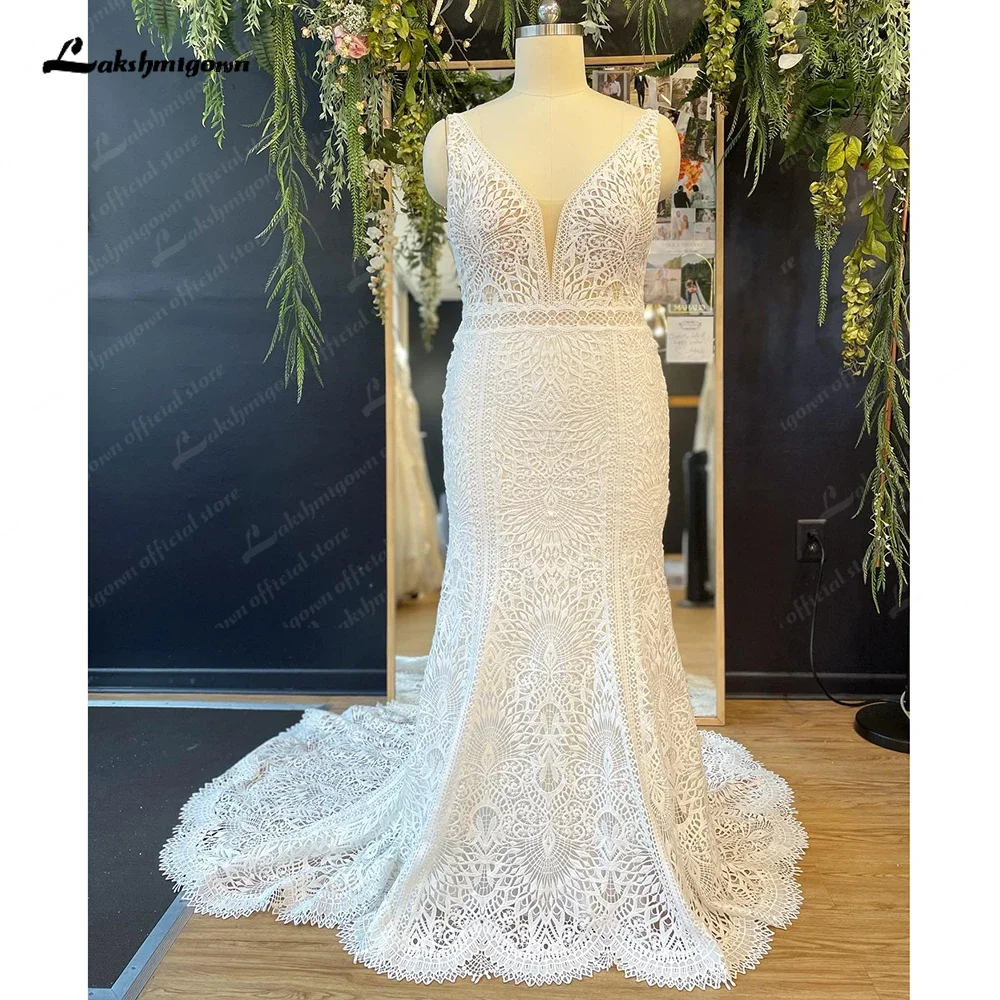 Lakshmigown Plus Size Spaghetti Straps Lace Mermaid Wedding Dress for Women Vestido Civil Bridal Receipt Dinner Party Gown