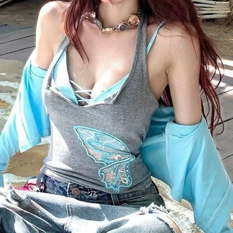 

Y2k Aesthetic Two Piece Set Streetwear Lace Patchwork Butterfly Embroidery Crop Tank Top + Streetwear Sexy Vest 2 Suits Summer