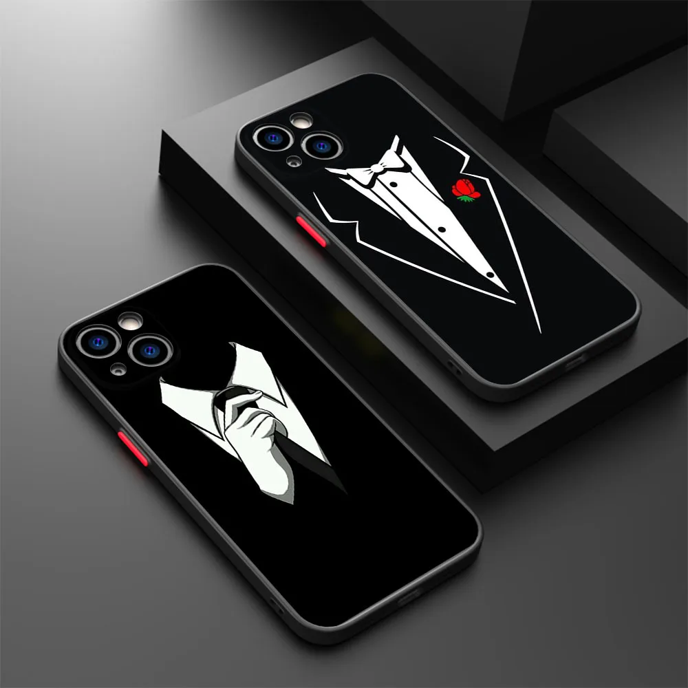 Phone Case For iPhone 15 Pro XS Max 14 7 8 6 6s Plus SE 11 12 13 Mini X XR Dark Suit Mystery Man Black Translucent Cover