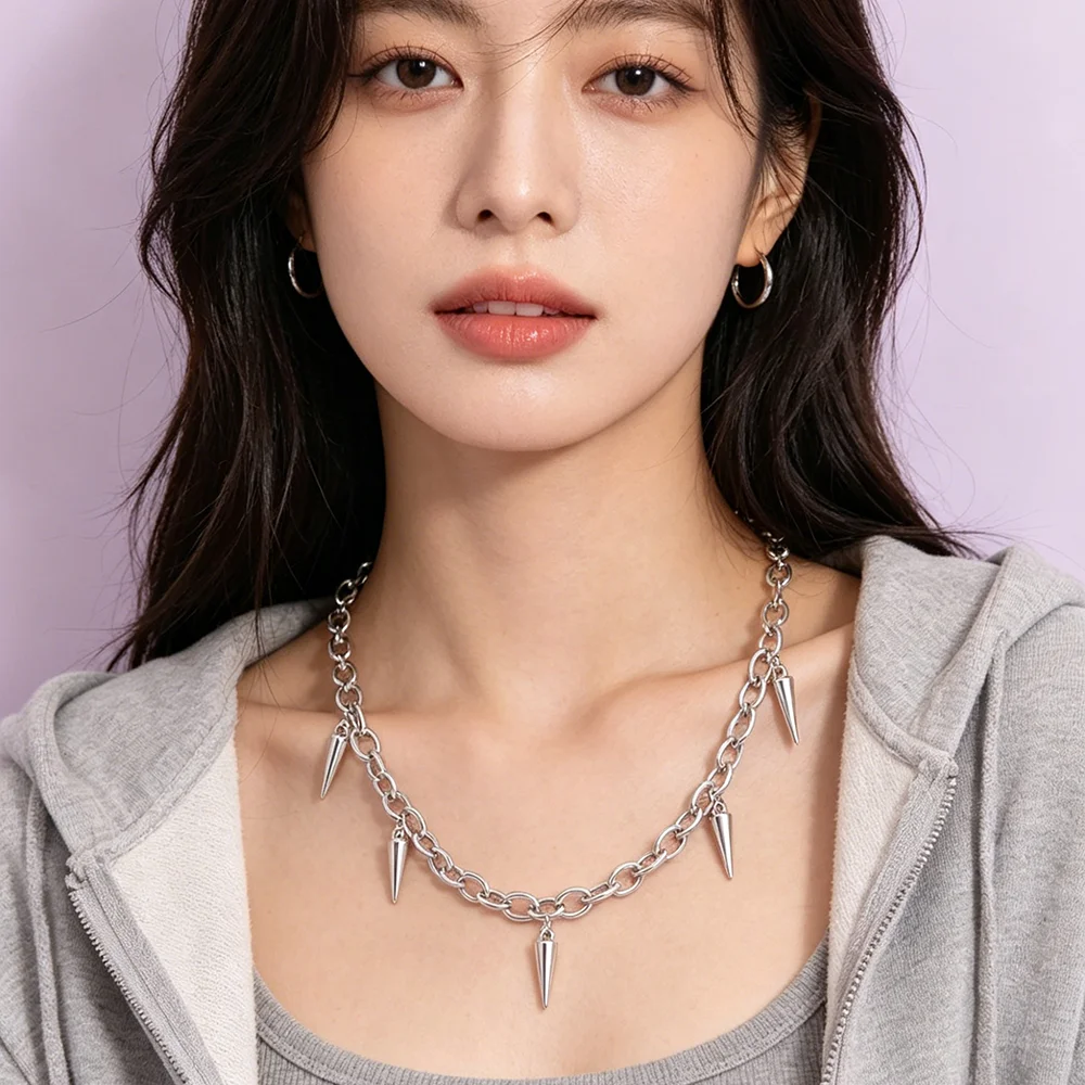 Men Punk Style Rivet Tassel Necklace Hip Hop Women Fashion Geometric Titanium Steel Chain Necklace
