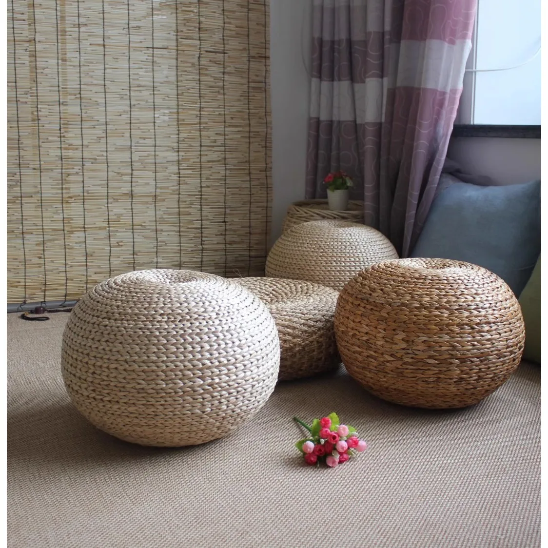 

Japanese style straw sitting seat living room Spherical round rattan cushion natural hand woven foot stool