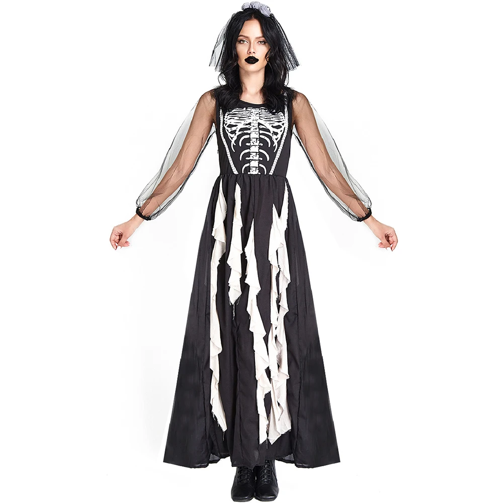 Halloween Adult Scary Skull Ghosts Bride Costume Women Zombie Vampire Cosplay Carnival Party Day of The Dead Dress Up