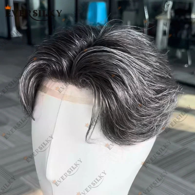 Rambut Asli Lembut Tak Terlihat dengan Garis Rambut Alami 1b40 1b50 1b65 Hitam Campur Abu-abu, Wig Prostesis Kapiler Pria Q6 dengan Lace Front Tak Terdeteksi