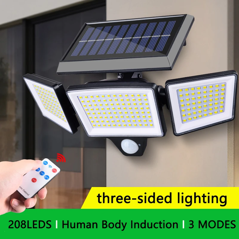 

208LED солнечные наружные фонари охранные фонари с дистанционным управлением 3 головки датчик движения IP65 3 режима водонепроницаемые настенные светильники с прожектором