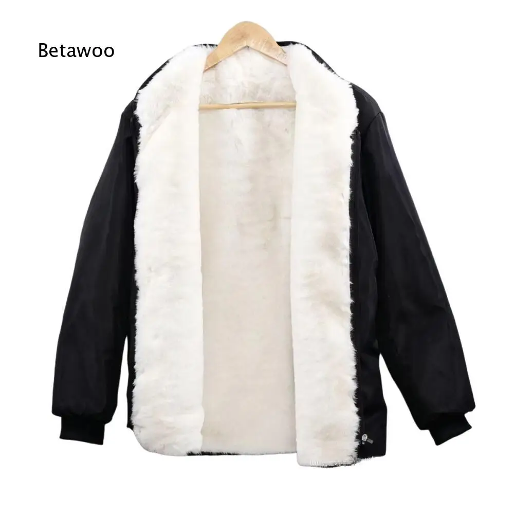 Thick Warm Winter Outerwear For Men Full Faux Fur Inner Lining Stand Collar Zip Front Rib Cuff Loose Silhouette Casual Jacket