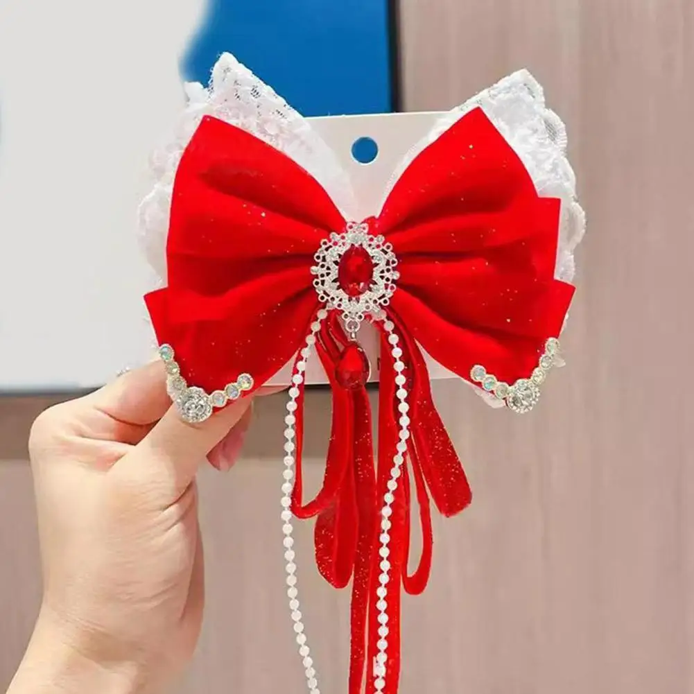 Ruby Pearl Bow Hair Clip Princess Maid Outfit Cute Style Ladies' Hair Clip Stage Performance Tassel Hair Clip Celebration Gift