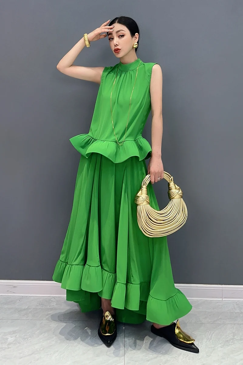 2024 Autumn New Elegant Women Set Sleeveless Ruffle Skirt Top Female Loose Swing Skirt Two Piece Set J394