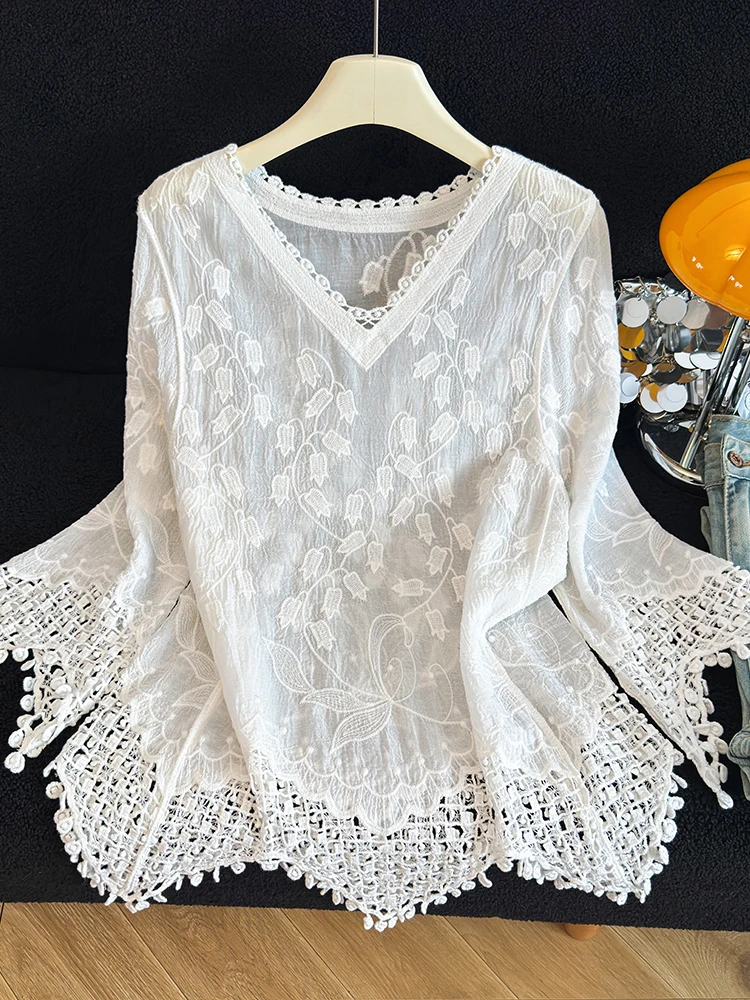 Beautiful Tassel Trim Long Sleeve White Shirt Elegant Slimming Early Autumn New Style French Style Loose Polyester Fibre V Neck