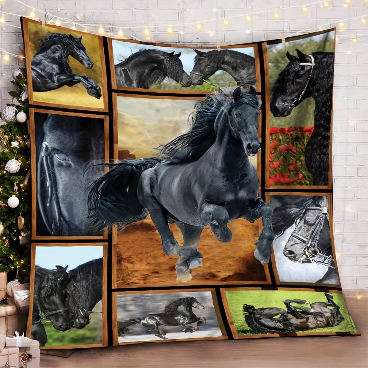 Black Horse Blanket Friesian Stallion Collage Fleece Throw Soft Warm Bedding Sofa Cover Animal Art Tapestry Home Decor Gift