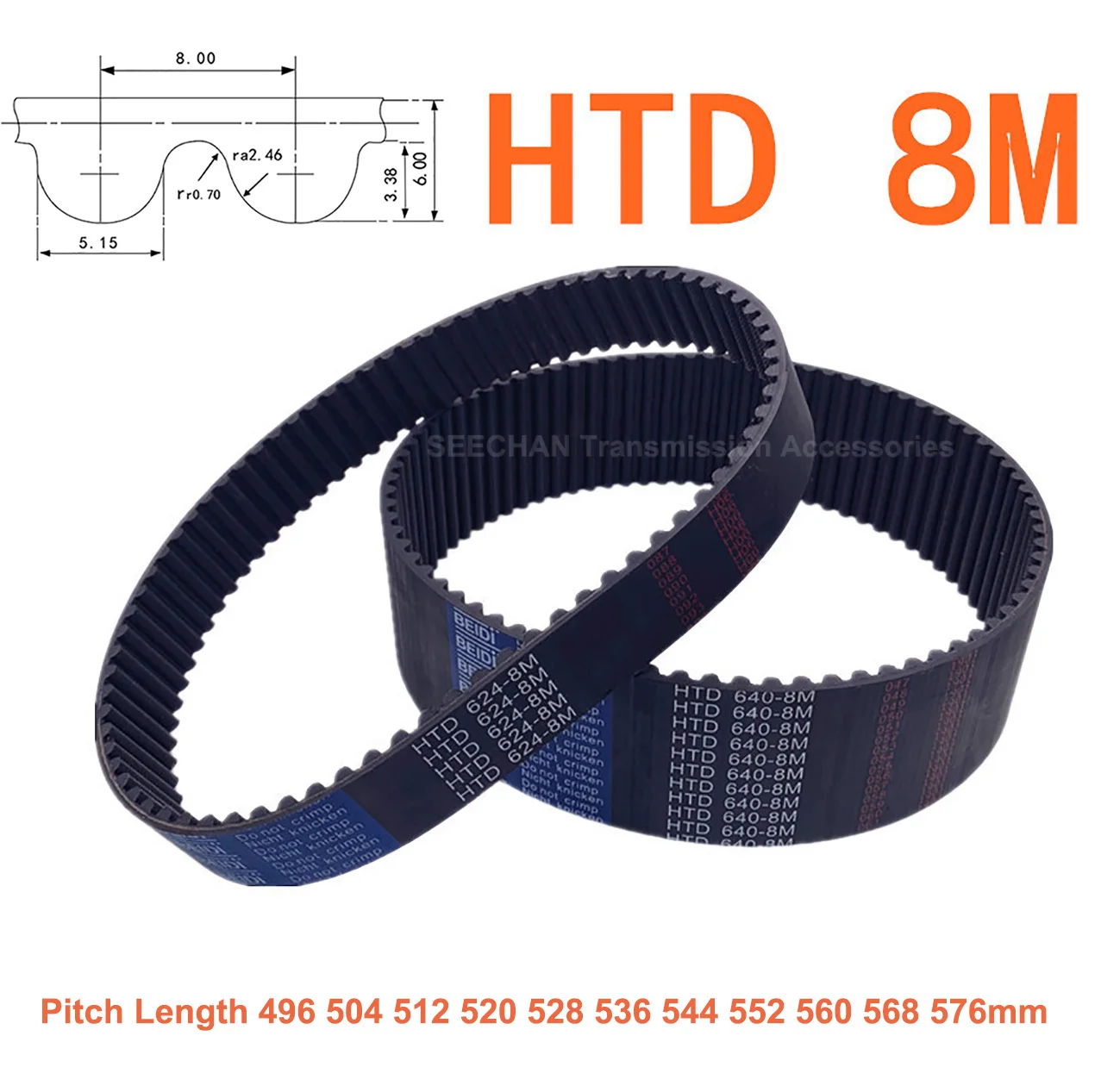 HTD 8M Rubber Closed Loop Timing Belt Width 15 20 25mm Synchronous Belt Perimeter 496 504 512 520 528 536 544 552 560 568 576mm