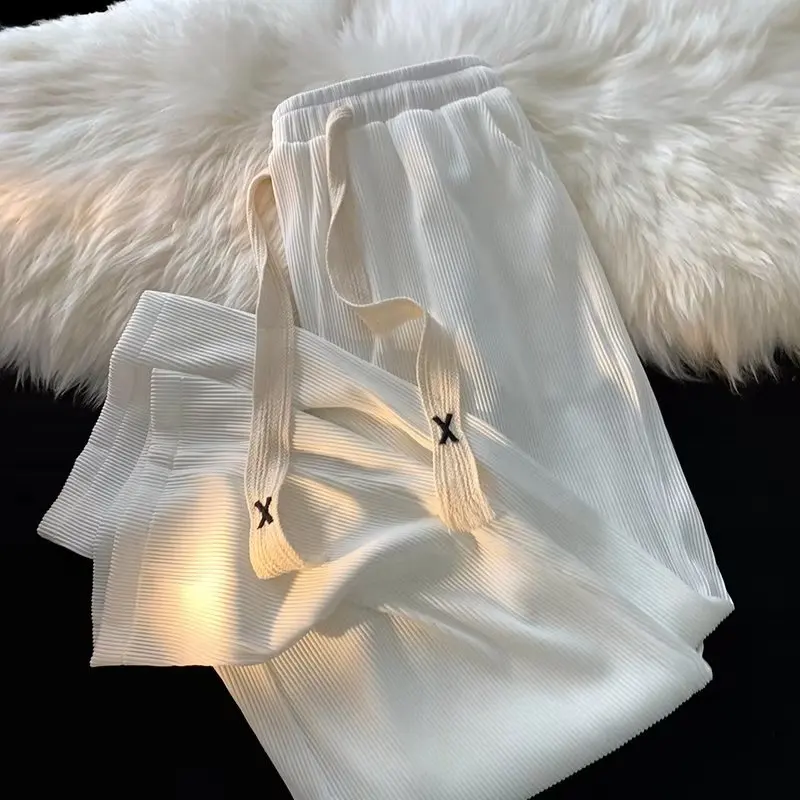 

Летние повседневные брюки из ледяного шелка для молодых мужчин: тонкие, свободные, с эластичным поясом, широкие, прямого кроя