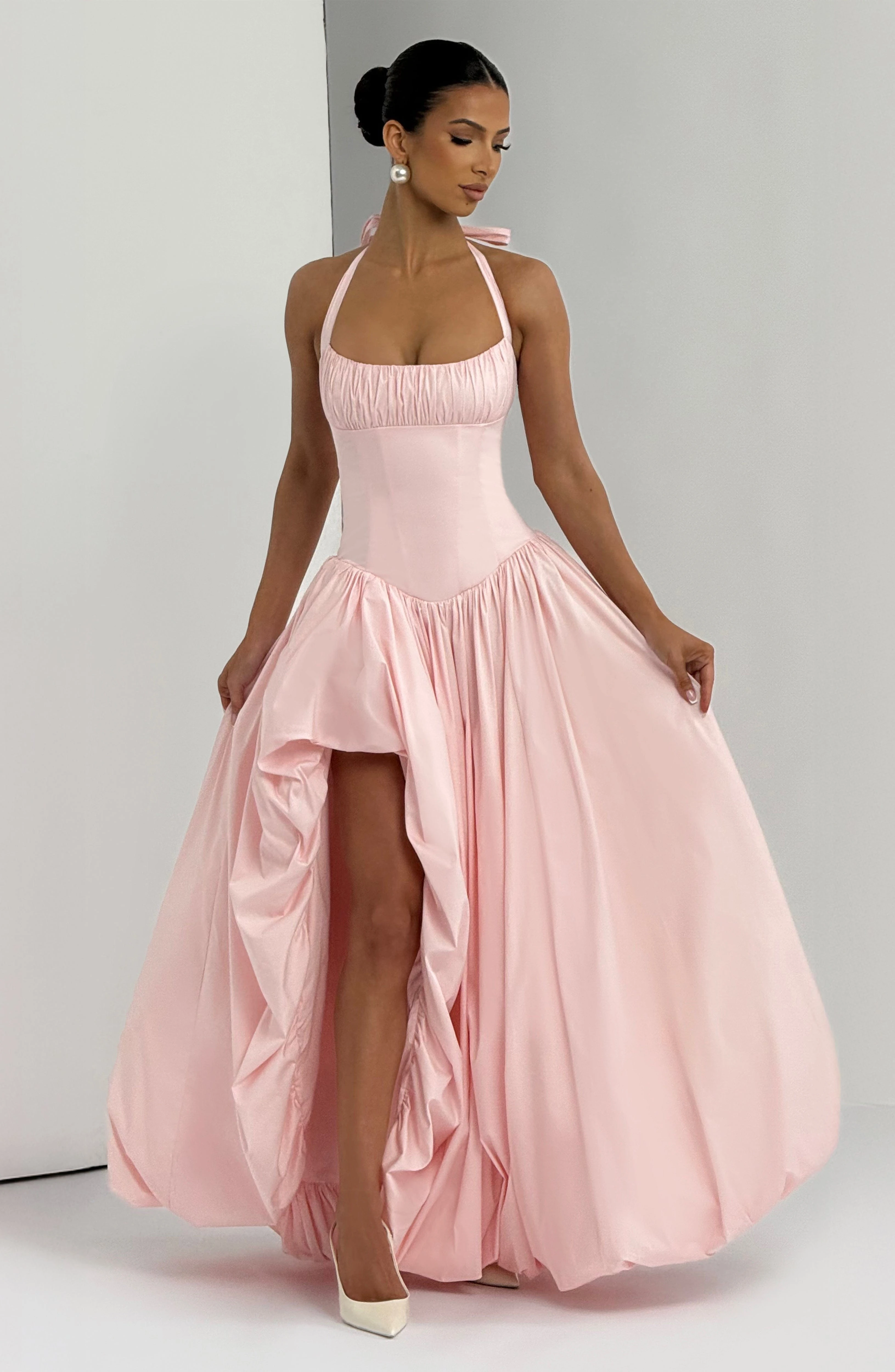 Putao Women Pink Halter Prom Dresses Corset Maxi Dress High Slit Elegant Formal Evening Birthday Party Long Gown