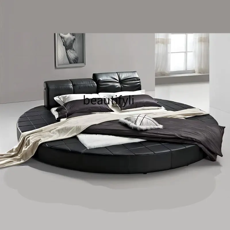 Genuine Leather Large round Bed Double Luxury Master Bedroom Black Bed Hotel Homestay Modern Minimalist Bed