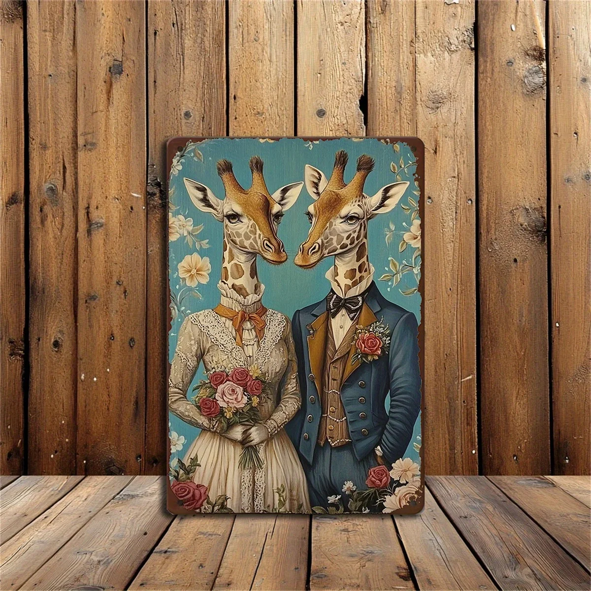 Casal de cervos pintura de lata antiga estilo jardim arte de parede de alumínio 8x12 polegadas para café, escritório, quarto, decoração de sala de estar