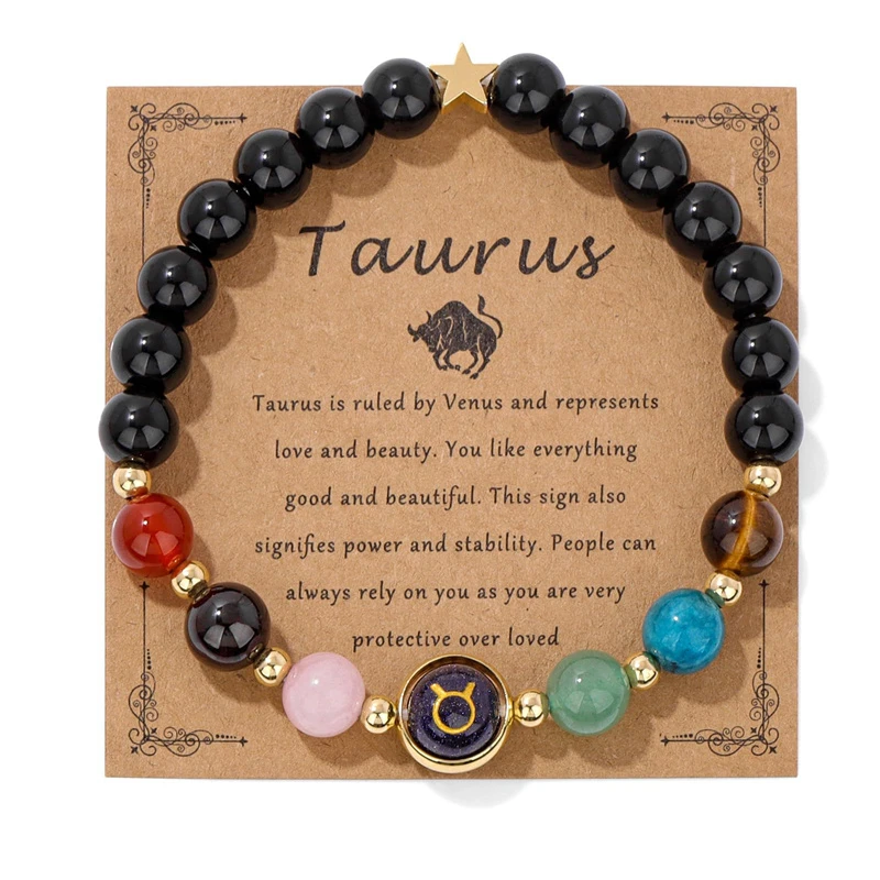 Natural Obsidian Stone Cancer Leo Bracelet 12 Zodiac Signs Constellation Beaded Bracelet Men Women Handmade Card Jewelry Gifts