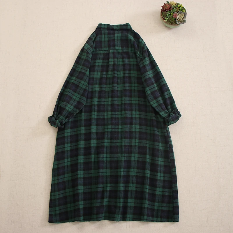 Japan Mori Girl Vintage Plaid Brushed Shirt Dress Women Autumn Turn Down Collar Long Sleeve Casual Loose Single Breasted Dresses