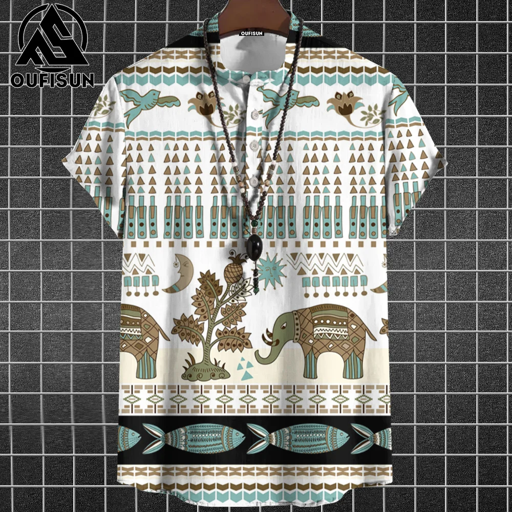 

Vintage Shirt For Men Henley T-shirt Tribal Style Clothe Oversized Short Sleeve Top Summer Ethnic Streetwear Male Hawaiian Shirt