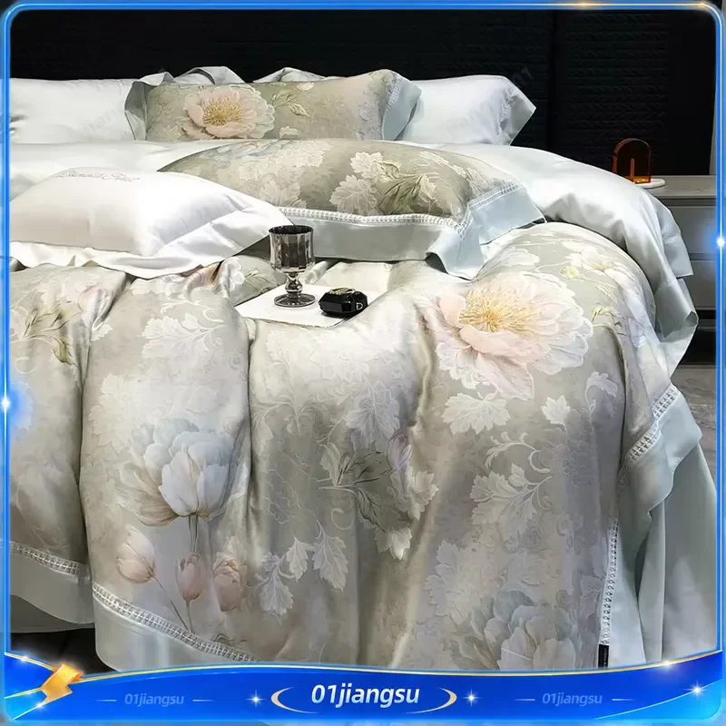 800TC Lyocell Eucalyptus Fiber Bedding Set Soft Silky Cooling Floral Print Duvet Cover Fitted Sheet Pillowcases 4Pcs Home