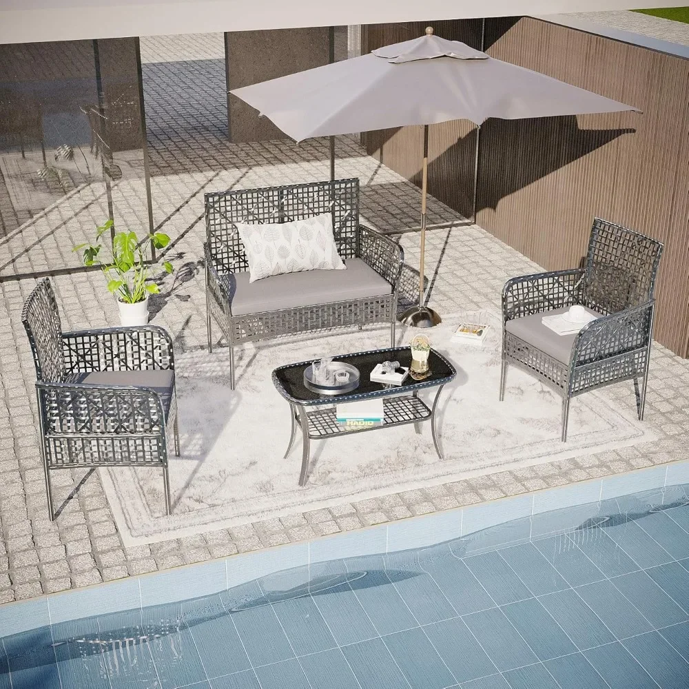 

4 Pieces Furniture Set PE Wicker Chairs,Rattan Loveseat,Patio Conversation Sofa for Pool Yard,Garden or Backyard (Grey, 4pcs)