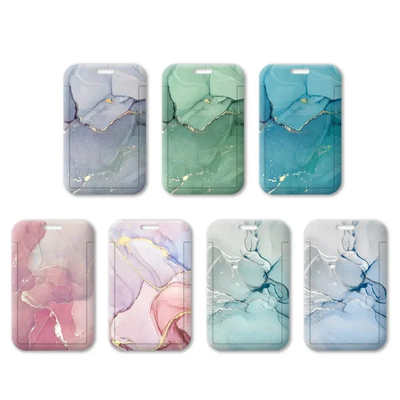 1Pc Beautiful Color Marbling Id Card Holder Slide Lid Student School Bus Card Sleeve Employee ABS Sold Card Holder with Keychain