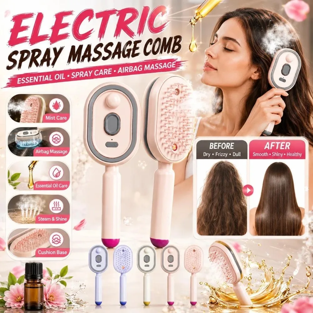 

Electric Spray Hair Massage Comb 2in1 Misting Hair Brush With Moisturizing Spray Function Reduce Frizz Anti-Static Self-cleaning