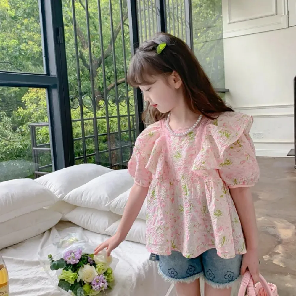 

Teenage Girls' Shirt Summer New Korean Edition Children's Flower Short sleeved Shirt Summer Bubble Sleeve Half sleeved Top