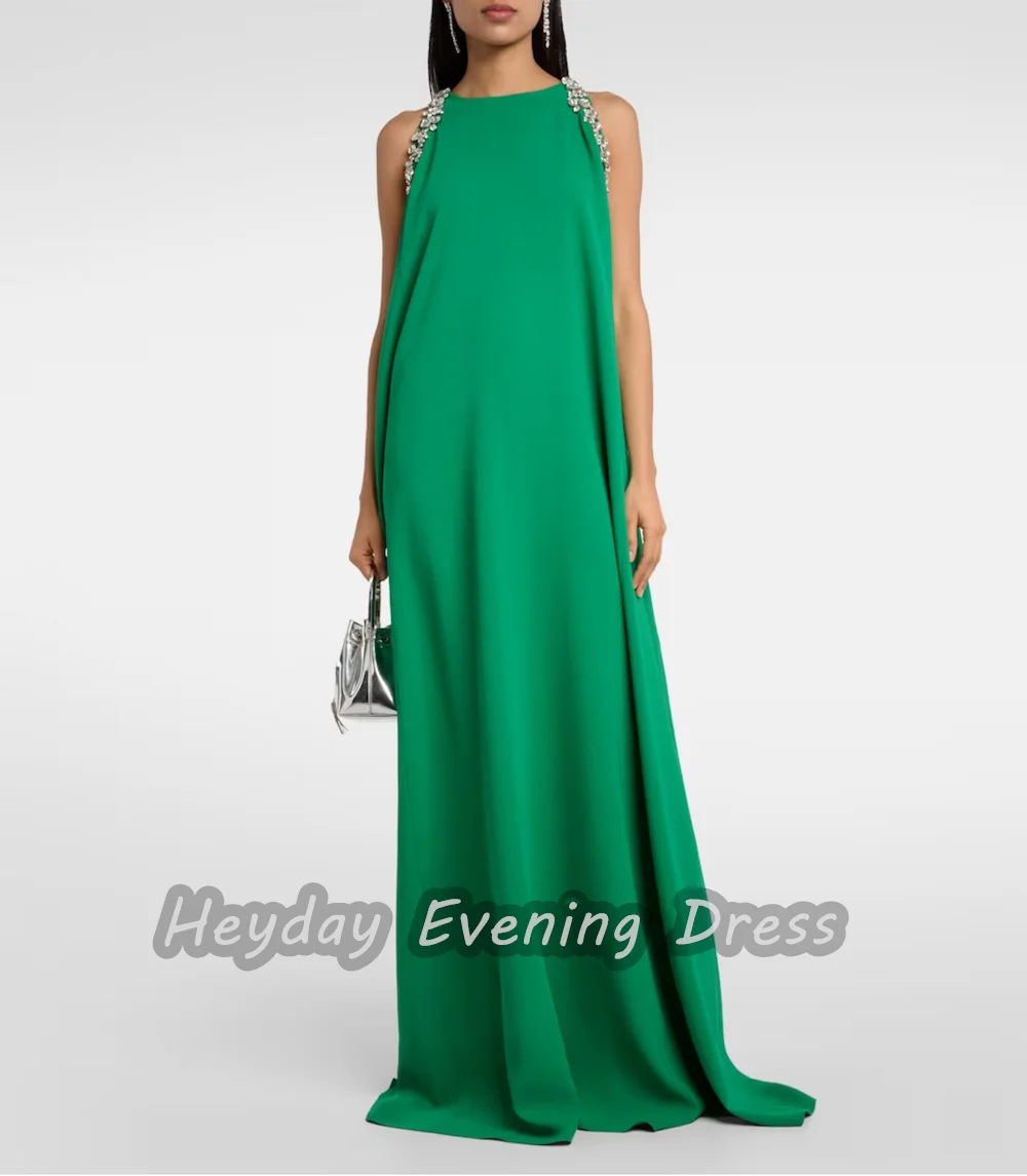 Heyday السعودية O-Neck Crepe A-Line Sleeveless Beaded Ruffle Fashion Floor Length Elegant Prom Dress For luxurious Woman 2024