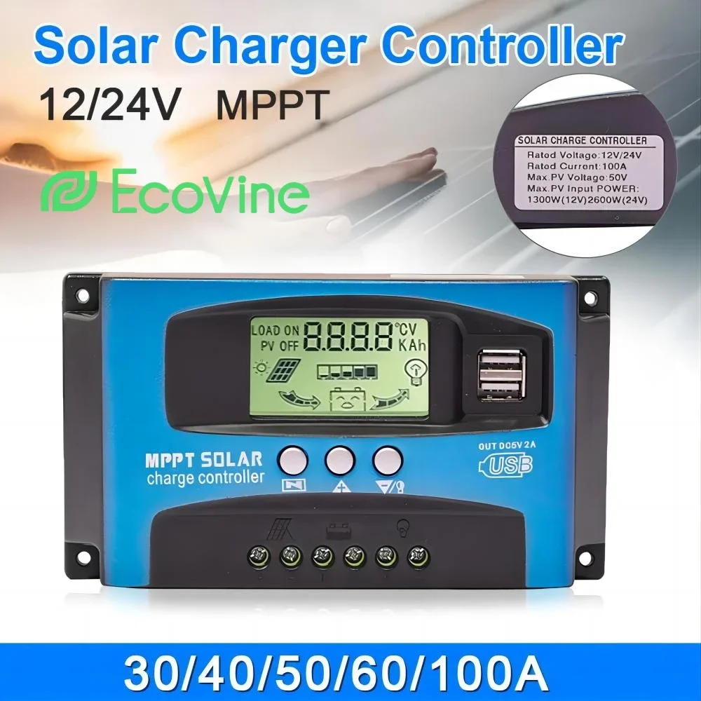 

MPPT Solar Charge Controller 12V 24V Solar Panel Battery Charger 30A 40A 50A 60A 100A Dual USB LCD Display Regulator with Load