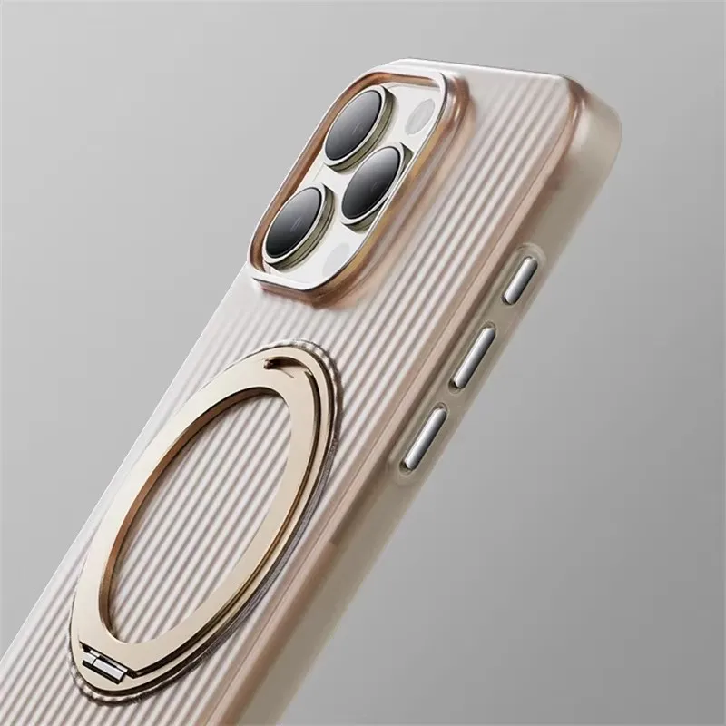 Corrugated Stripes Magnetic Magsafe 360°Rotating Holder Metal Ring Phone Case for iPhone 14 15 16 Pro Max Matte Shockproof Cover