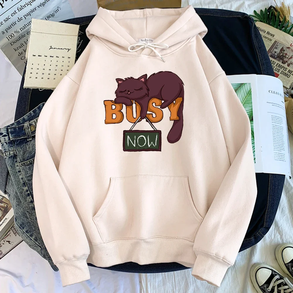 

Woman Round Neck Loose Oversize Pullover Concise Woman Hoodies 1Pc Custom Made Ladies Sweatshirt Cat Busy Now Print Long-Sleeved