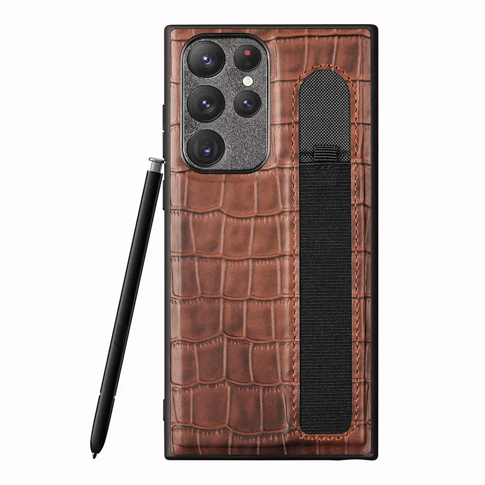 Genuine Leather Phone Case For Samsung S22 S21 Ultra Elastic S Pen Bag Stylus Slot SPen Holder Crocodile Texture Armor Cover