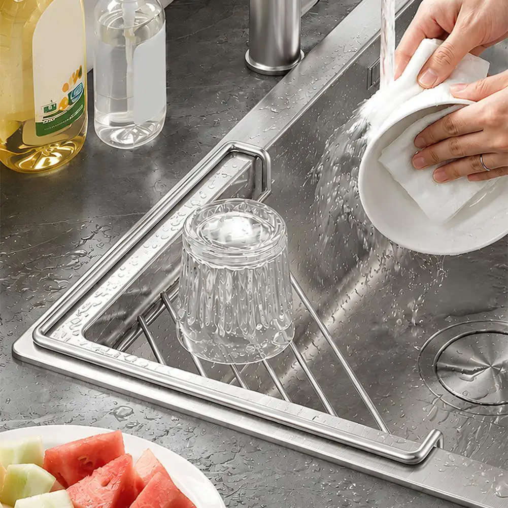 Stainless Steel Sink Corner Drain Rack, No Drilling Rustproof Triangle Kitchen Storage Organizer, Space Saving Over Sink