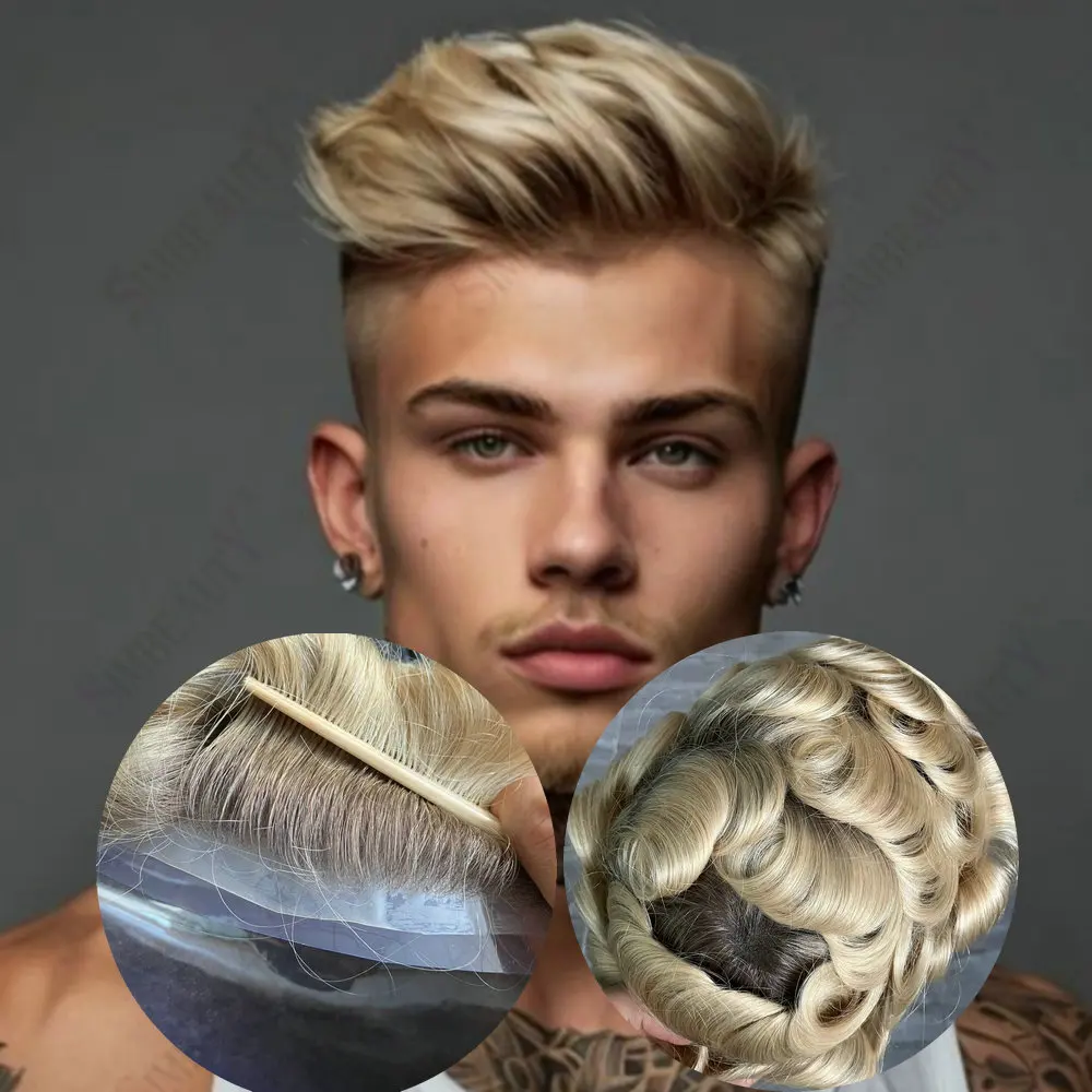 

Модный мужской парик Ombre Blonde, европейская система замены человеческих волос, 0,06 мм, ультратонкая кожа, Vloop, капиллярный протез