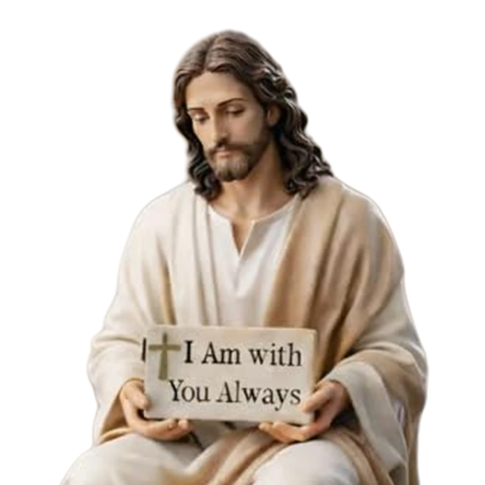 Estatua de Resina de Jesús, Decoración de Mesa, Diseño Hecho a Mano, Figura Cristiana de Jesús Sentado con la Inscripción 'Yo Estoy Contigo Siempre', Regalo Decorativo