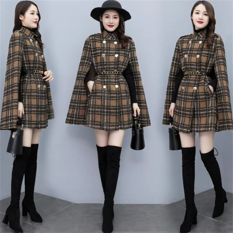 

2023 winter new chain double-breasted tweed cape woolen coat women Plaid