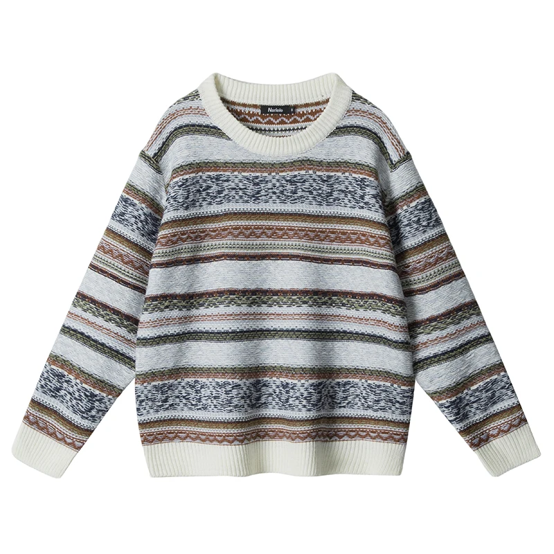 

Винтажные вязаные свитера в стиле ретро, пуловер в полоску с геометрическим рисунком, зимний теплый повседневный свободный джемпер с круглым вырезом, модная одежда унисекс