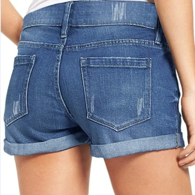 Shorts jeans femininos com furos rasgados, jeans de cintura alta, angustiado, botão emendado, bolsos soltos, jeans lavados monocromáticos, calça casual, 2024