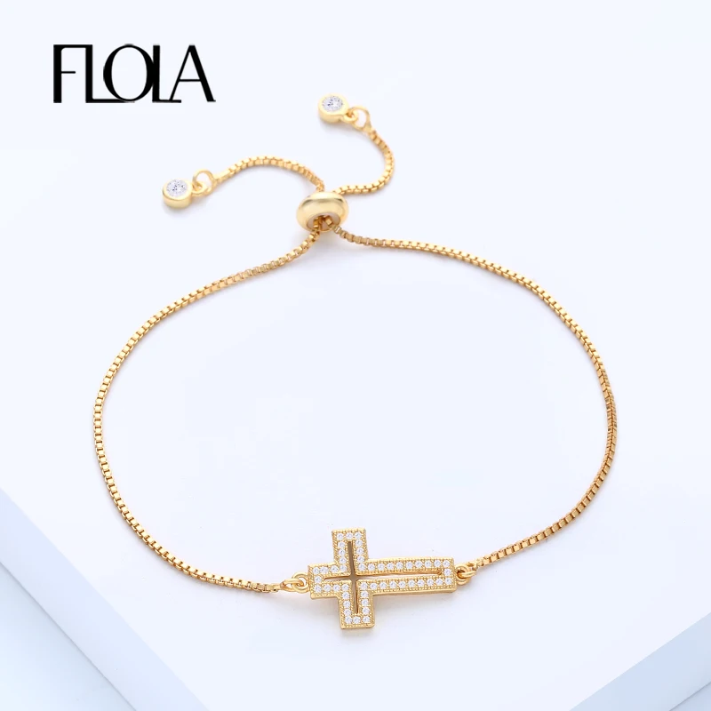 FLOLA New Cubic Zirconia Sideways Jesus Cross Bracelet Women Adjustable Gold Plated Bracelet with Cross Religious Jewelry brta17