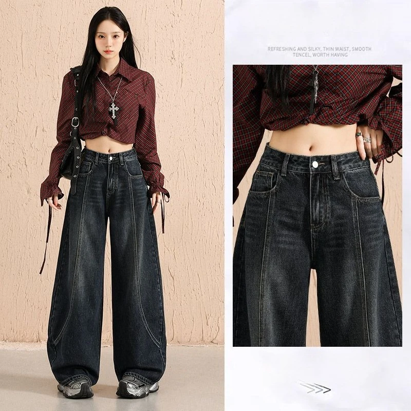 Celana Jeans Wanita Model Retro Y2K 2000-an, Celana Lurus High-waisted untuk Mengangkat Bokong