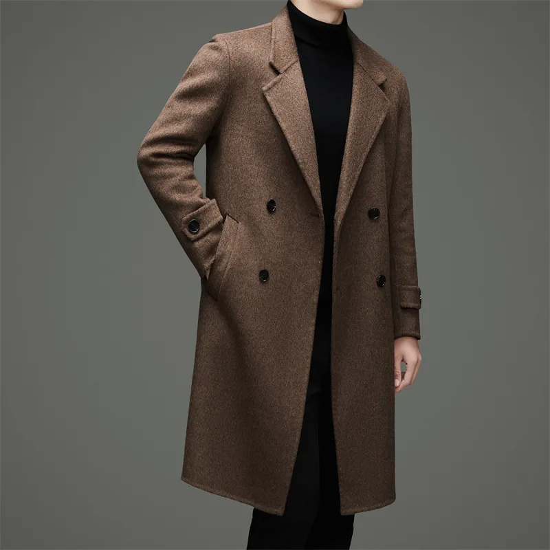 Classic British Style Men Double Breasted Cashmere Ovecoat Timeless Black Coffee Woolen Coat Gentlemen Winter Essential Attire