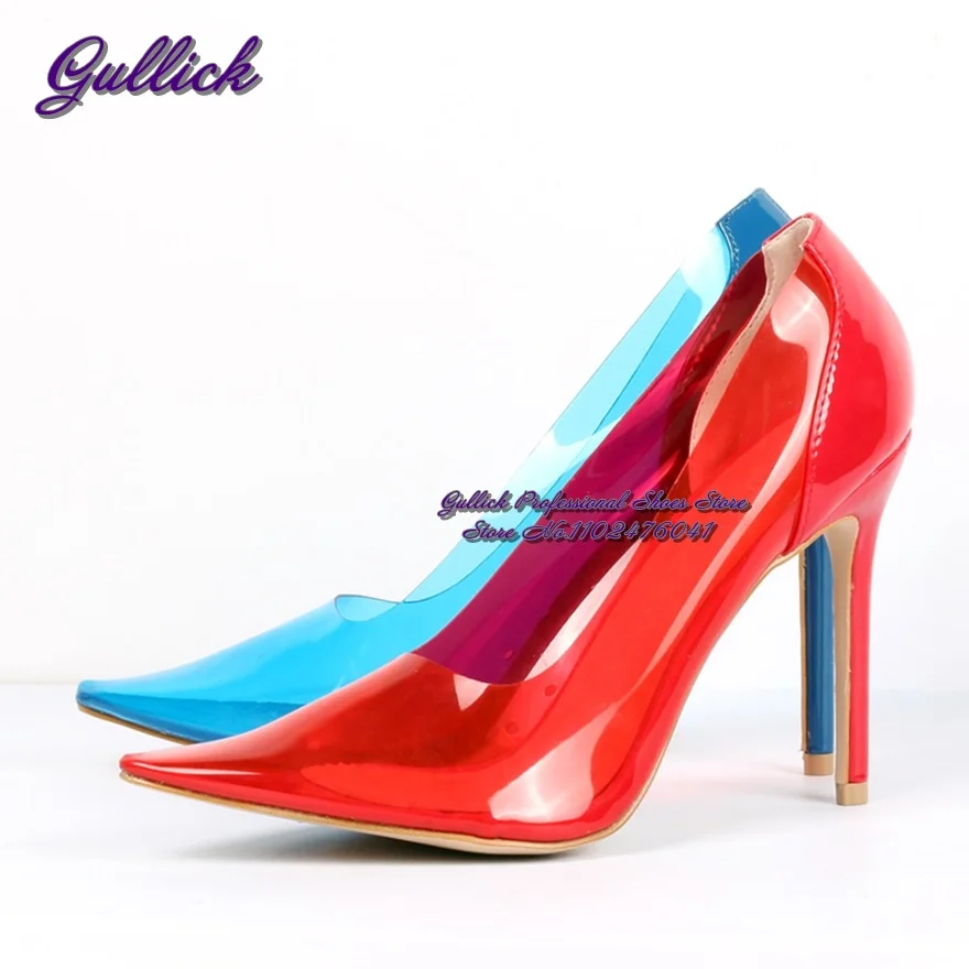 Gullick Neon Yellow Clear PVC High Heel Shoes Pointed Toe Shallow Cut Slip-On Dress Pumps Red Blue Transparet Wedding Heels