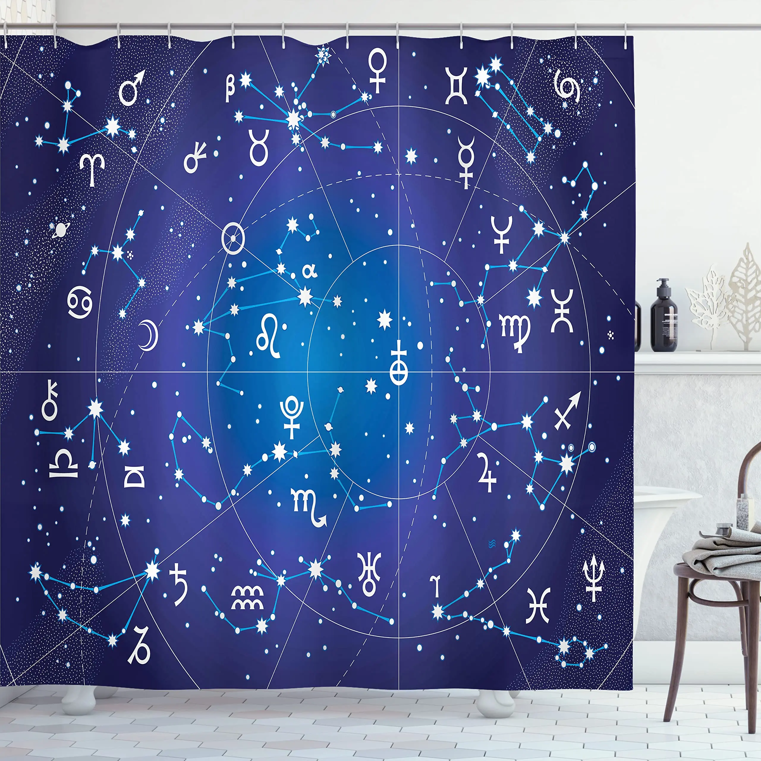 Tree of Life  Astrology Shower Curtain, Sun Beaming Through Tree Astrology Chart Bohemian Style Fabric Bathroom Decor with Hooks