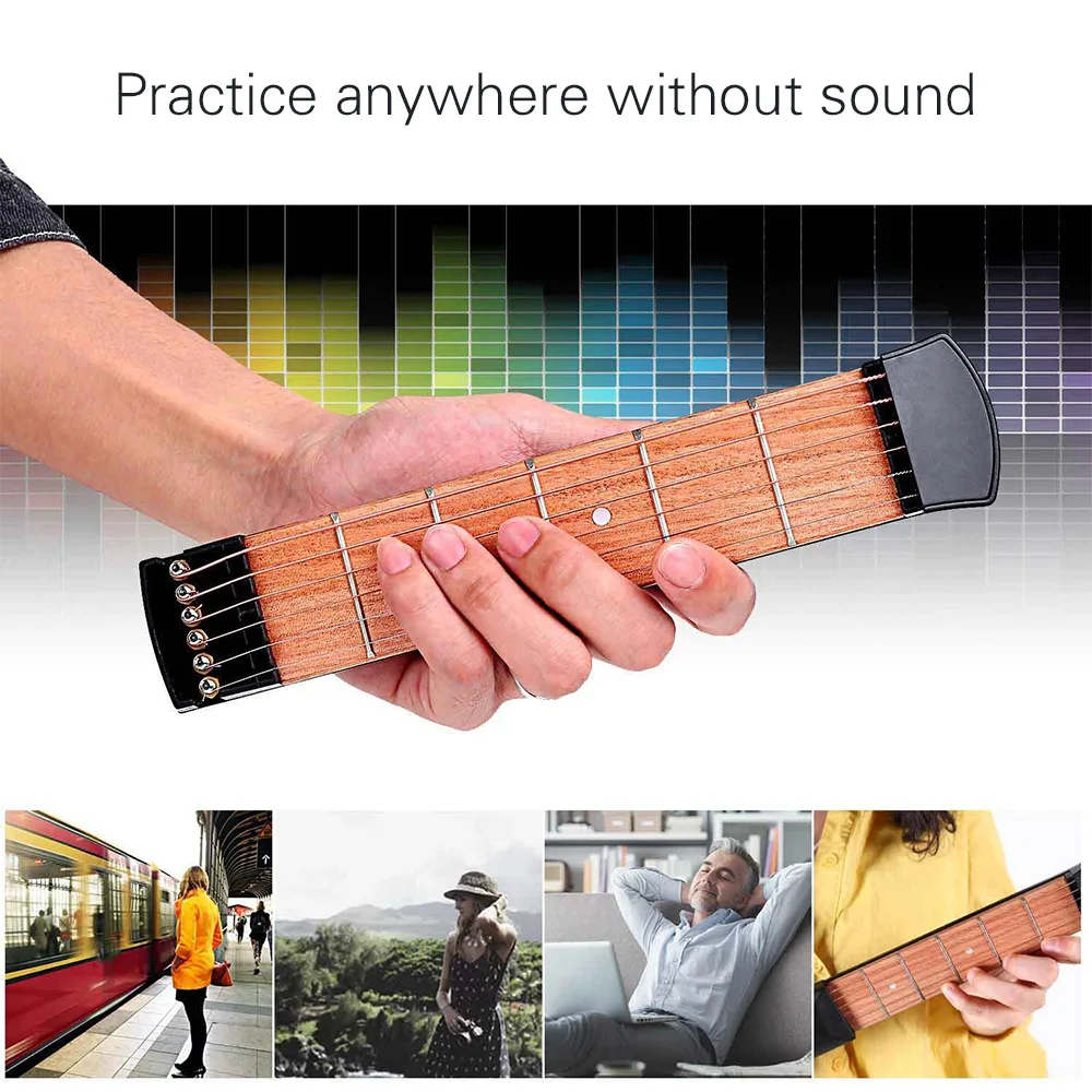 6 String 6 Fret Model Portable Pocket Guitar Neck Chord Trainer Sapele Wood Guitar Practice Tool for Trainer Beginner Black