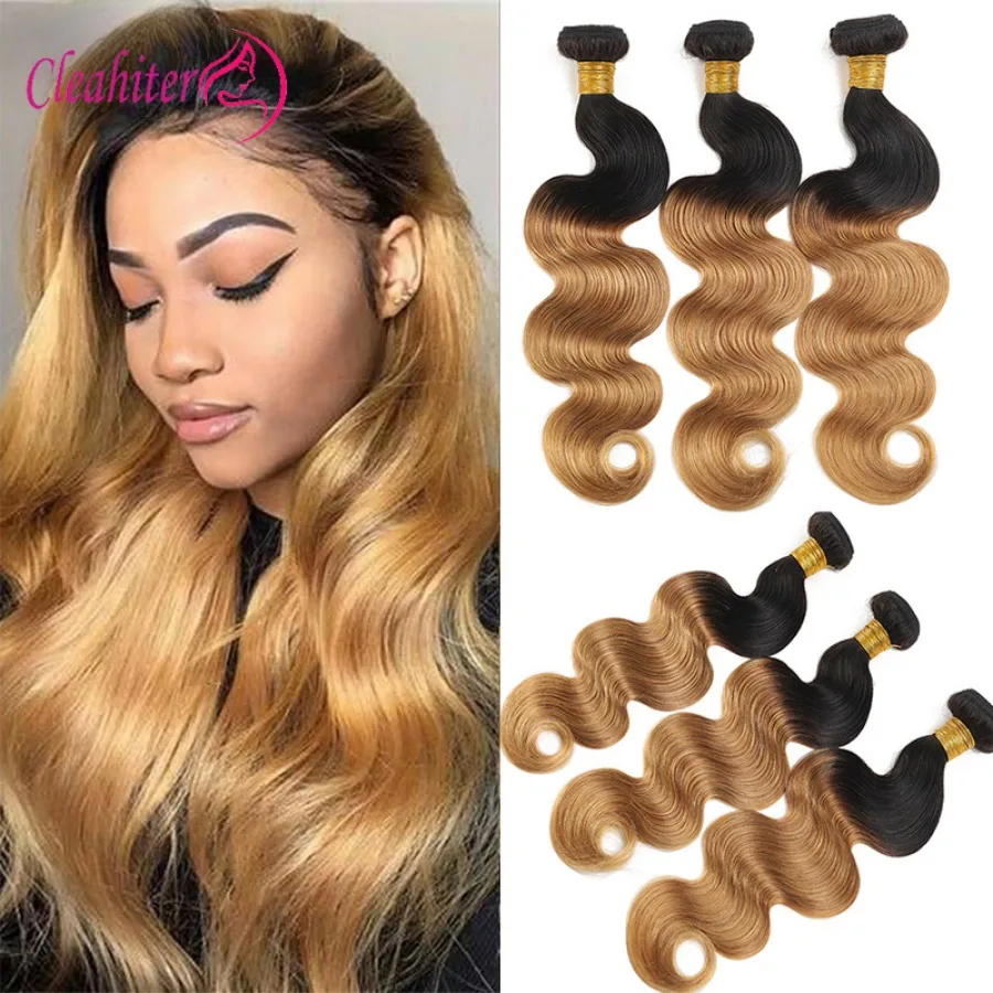 

1B27 Ombre Blonde Body Wave Human Hair Bundles 100g/PC Brazilian Virgin Double Weft Hair Extensions For Full Head Remy Hair