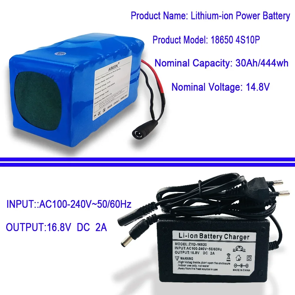 18650 4S10P 14.8V 30Ah 444Wh Lithium-ion Power Battery withBMS for Inverter Smart Robot High-power Equipment Etc+16.8V charger