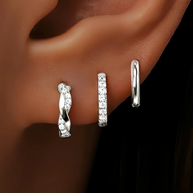 3-teiliges exquisites Zirkon-Creolen-Set mit kleinen Huggies für Damen, Edelstahl, einzigartiger Knorpel-Ohrring-Piercing-Schmuck