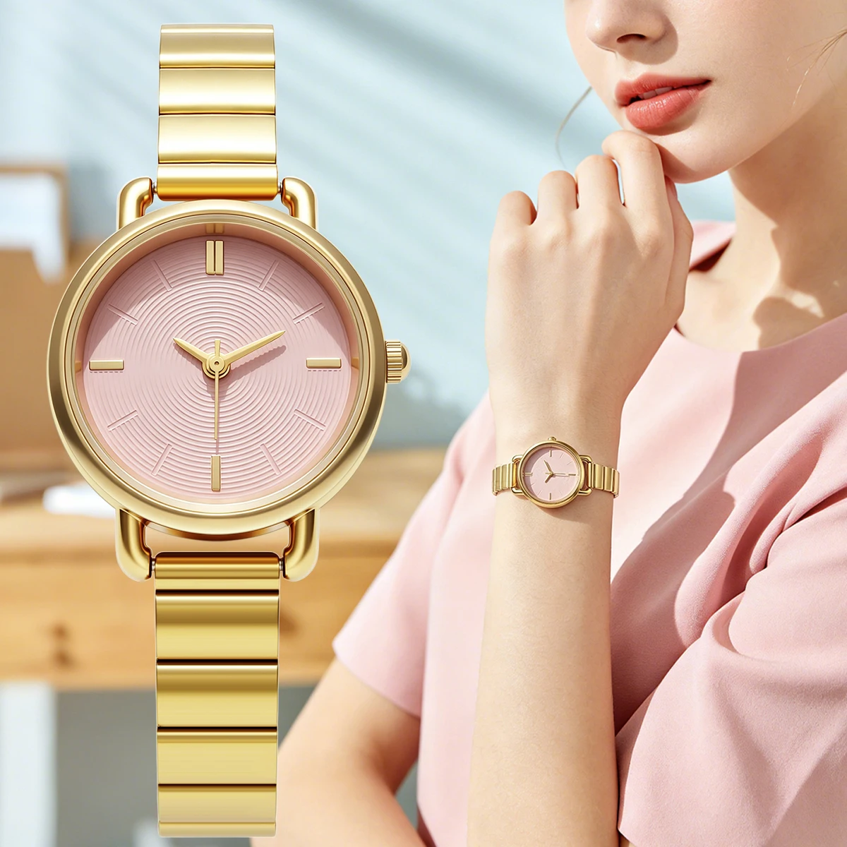 Women Quartz Watches Gold Alloy Steel Bracelet Wristwatch Simple Minimalist Ladies Daily Dress Watches