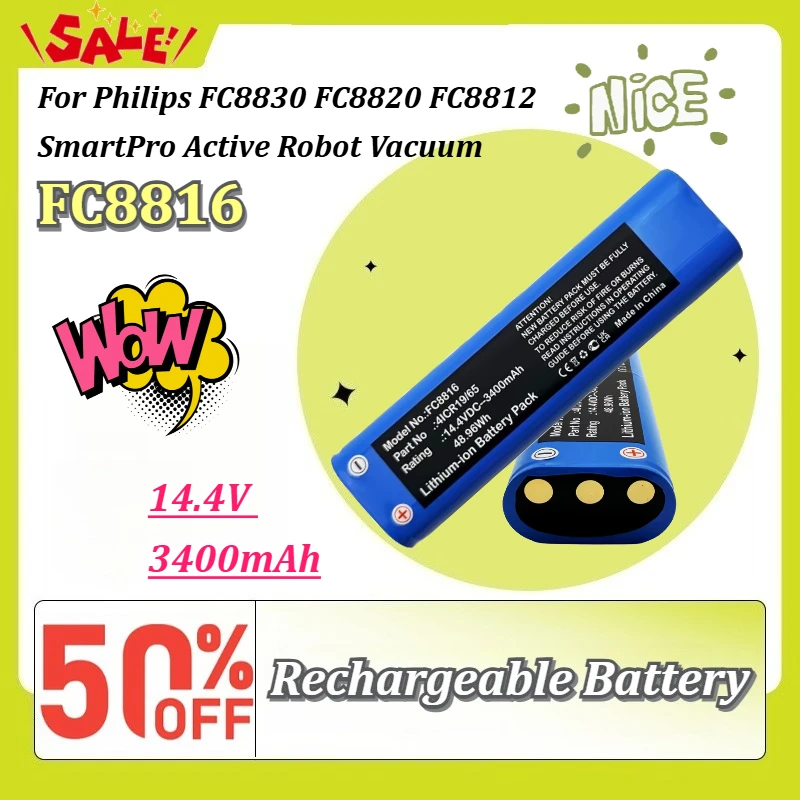 New FC8816 14.4V 3400mAh Rechargeable Li-ion Replacement Battery for Philips FC8830 FC8820 FC8812 SmartPro Active Robot Vacuum