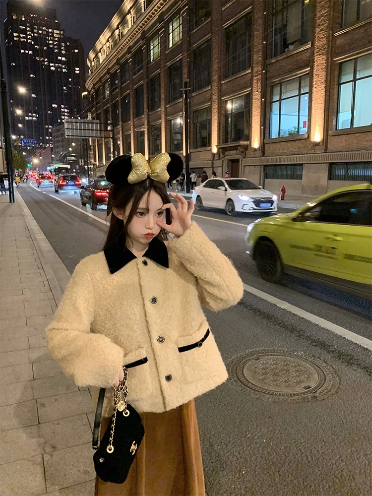 

Lamb Fur Short Coat Jacket Women Loose High-End Feel Collar down Cotton Thickened Winter New Style Commute Style Pure Color